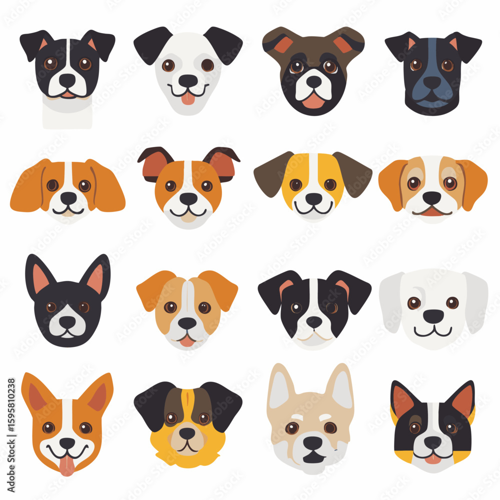 Naklejka premium A collection of illustrated dog faces, showcasing various breeds and expressions in a flat design style.