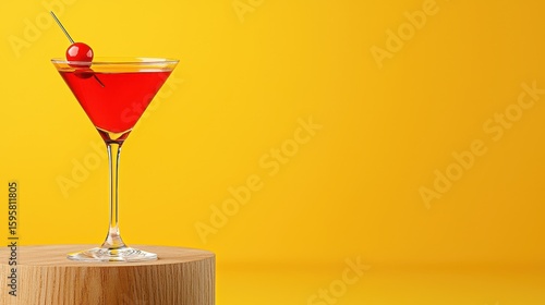 Red Cocktail with Cherry on Yellow Background