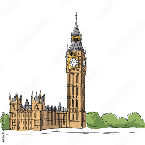Illustration of Big Ben clock tower with surrounding greenery  