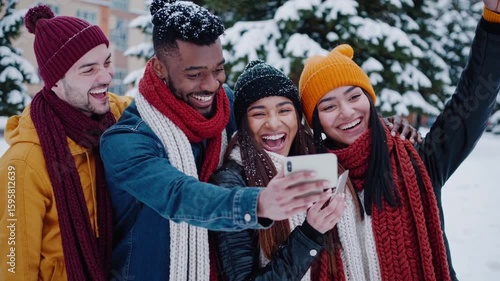 Diverse Group of Friends Capturing Self-Portrait on Smartphone for Social Media