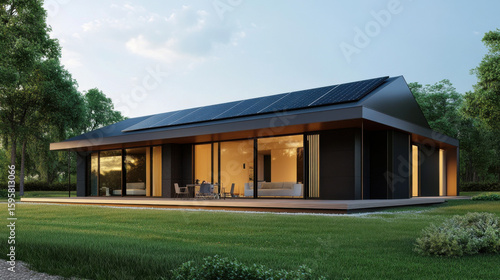 Wallpaper Mural Minimalist modern house with sleek black solar panels, reducing carbon footprint, high-resolution eco-friendly home architecture —ar 16:9  Torontodigital.ca