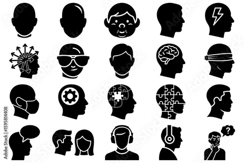 Mind Icons: A collection of black silhouette heads, each one a visual representation of the various facets of the mind. Perfect for illustrating concepts like thought, perception, and mental states.