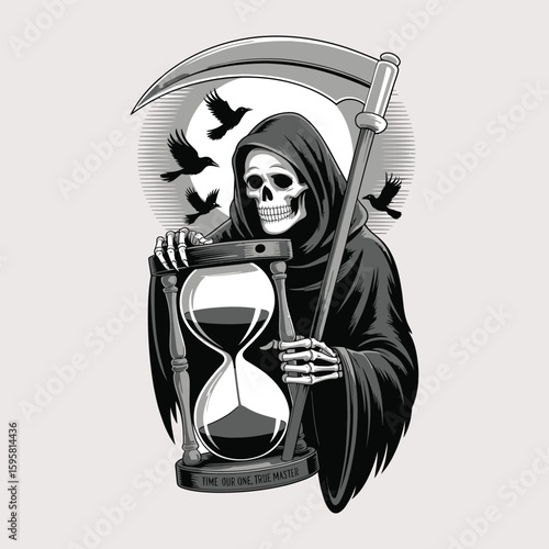 Grim reaper with hourglass and crows under a full moon vector design.