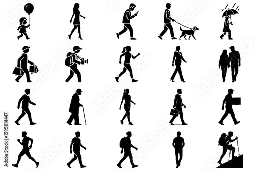 Walking Silhouettes in Action: A comprehensive array of silhouettes showcasing diverse individuals in various walking poses, encapsulating the rhythm of human motion and daily life.