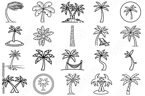 Diverse Palms in Ink: A collection of stylistically diverse ink drawings of palm trees, capturing the versatility of tropical plant forms. Ideal for design and branding concepts.