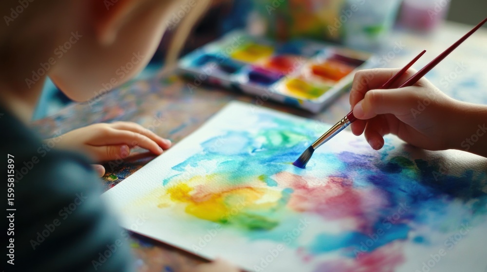 Naklejka premium A child painting with watercolors on white paper using a paintbrush and a colorful palette nearby