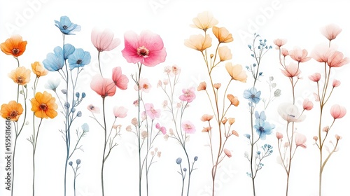 Fototapeta Naklejka Na Ścianę i Meble -  Beautiful seamless floral water color pattern Set, watercolor wild flowers, leaves and grass,Collection botanic garden elements, isolated illustration in rustic or vintage style,copy space.