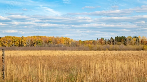 Open landscape featuring dry reeds swaying gently, with a distant forest stretching across the horizon under a clear blue sky. This natural scene captures the tranquility of rural outdoors