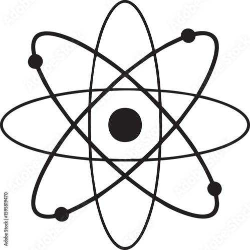 Stylized atomic model with nucleus and orbiting electrons isolated on transparent background