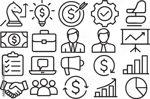 Business icons set with chess knight dollar lightbulb target gear