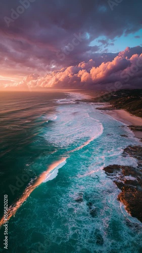 Aerial view of ocean waves breaking on a sandy beach at sunset. Pink and purple clouds fill the sky, casting a warm glow on the turquoise water. Rocky coastline visible.