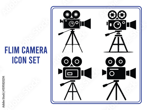 Vintage Film Camera Icon Set, Retro Movie Camera Silhouettes on Tripod, Classic Filmstrip Camera Vector Collection.