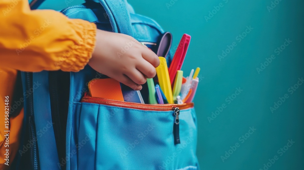 Child packing a blue backpack with colorful school supplies against a teal background for education Child packing a blue backpack with colorful school supplies against a teal background for education