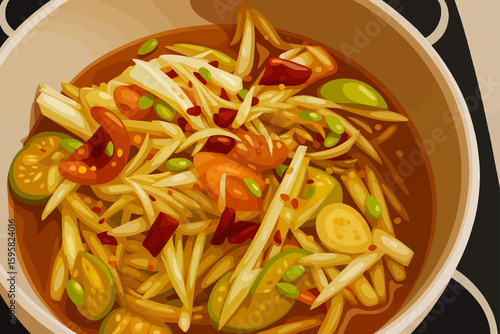 A bowl of Thai spicy papaya salad soup (Som Tum Jeow), depicted in a vibrant vector art style. The dish contains shredded green papaya, chili peppers, tomatoes, lime slices, yardlong beans, and other 
