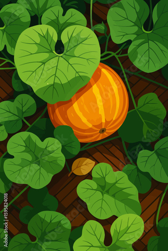 A digital illustration of a ripe Thai melon (Cucumis melo) surrounded by vibrant green leaves on a wooden surface. The melon is golden-yellow with subtle stripes and sits nestled among large, heart-sh