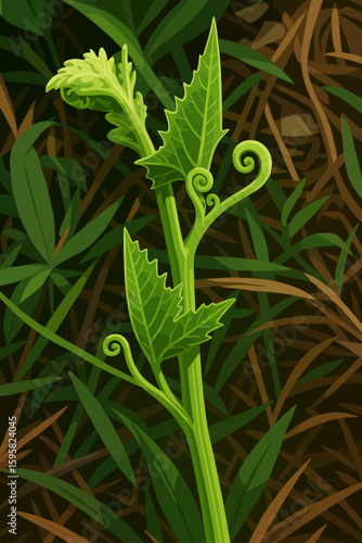 A digital illustration of a young pumpkin shoot (yod fak thong) growing upright among blades of grass. The tender green stem features coiled tendrils and serrated leaves, representing the early growth