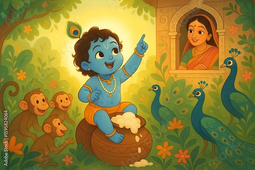 Cartoon of baby krishna joyfully sitting with butter pot surrounded by monkeys peacocks and flowers in lush palace garden with smiling woman watching from window