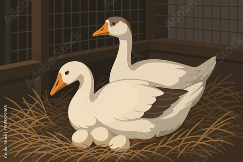 The illustration shows two geese inside a nesting enclosure. One goose is sitting on a nest made of straw, protecting three eggs beneath her. The other goose stands nearby, appearing alert and watchfu