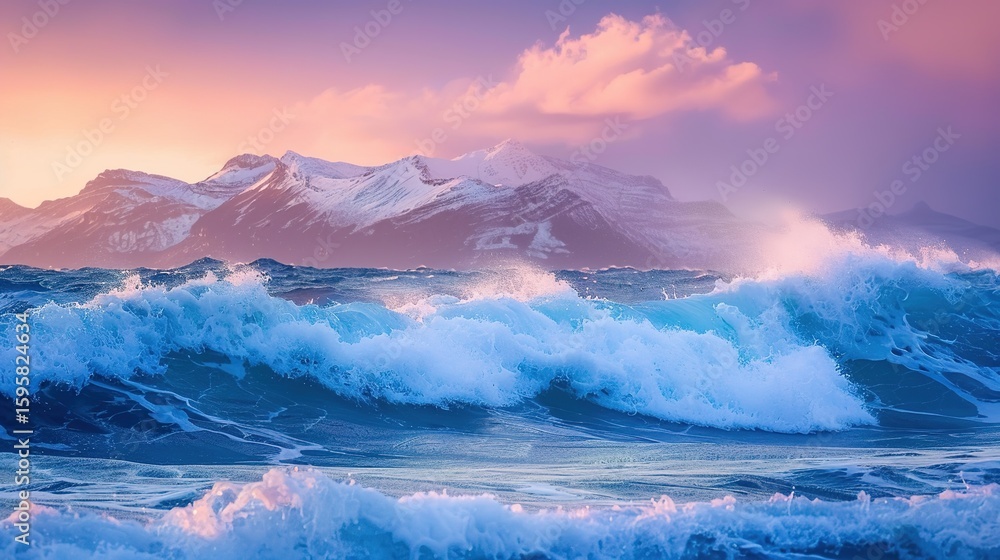 Fototapeta premium Ocean waves crashing powerfully against a towering snowy mountain, with the warm glow of sunset painting the sky. This dramatic natural scene blends the force of the sea with the majesty of snow-cappe