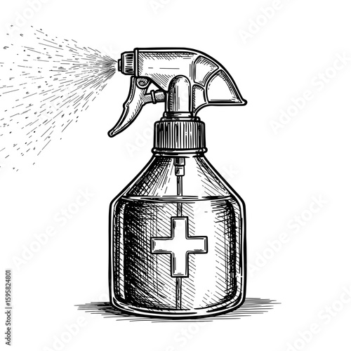 Spray bottle with cross design and liquid spraying out  