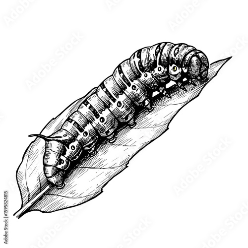 Caterpillar on leaf in black and white sketch illustration  