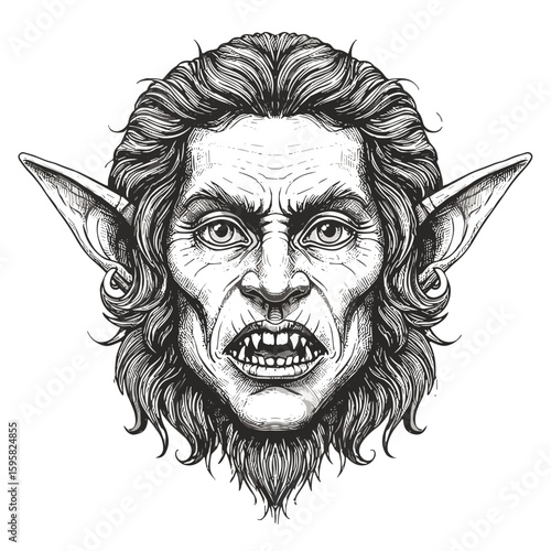 Goblin face with pointed ears and fierce expression in black and white  