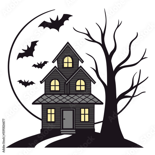 Spooky Halloween House Bats Moonlit Night Dark Grey House