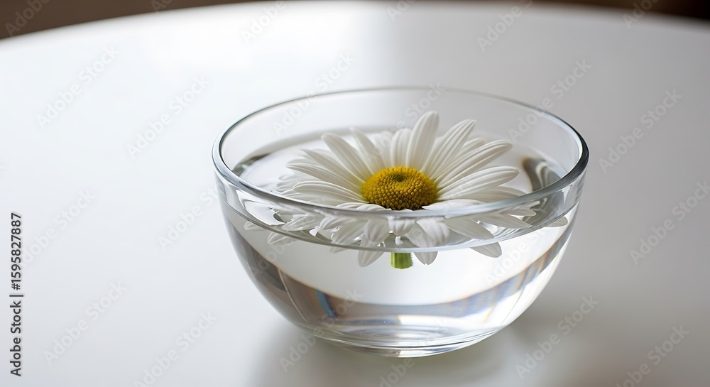 Serene chamomile daisy floating in a glass bowl of water, minimalist spa setting, pure white petals. Serene chamomile daisy floating in a glass bowl of water, minimalist spa setting, pure white petals.