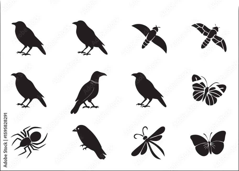 Fototapeta premium Birds and Insects Silhouette Clipart Elegant Nature Vectors