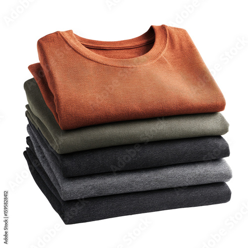 Stack of five t-shirts in varying shades of rust, olive, and gray
