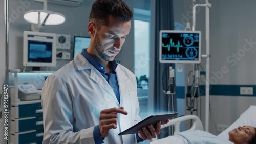 Medical Practitioner Engaging with Digital Tablet Screen in Healthcare Facility