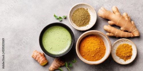 A flat lay of vibrant turmeric and ginger powders alongside fresh roots and a bowl of green matcha tea on a gray surface.