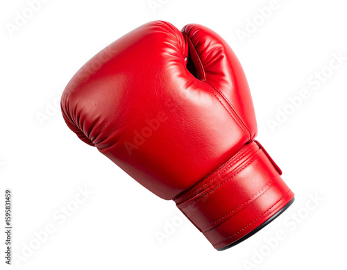 A - Single Red Boxing Glove Lying Flat on White, Top View Composition.
