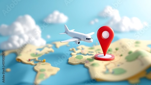 3D illustration of an airplane with map and red location pin. Ideal for travel ads, airline promotions, booking platforms, and tourism content