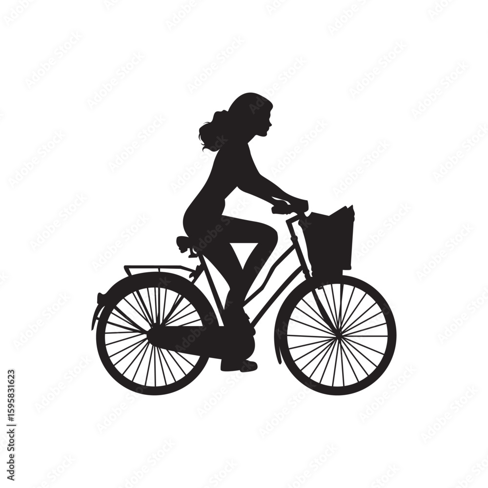 Obraz premium Steady city cruiser silhouette. Silhouette of a woman on a bike, gliding smoothly along urban roads.