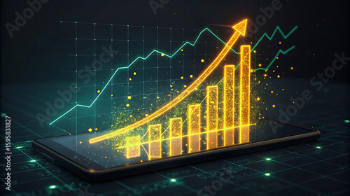 Glowing golden bar chart and upward trend line illustrating financial growth on a smartphone screen