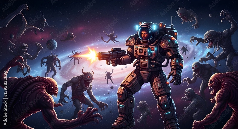 Fototapeta premium Astronaut in a pixelated mech suit fighting off space creatures in a distant galaxy