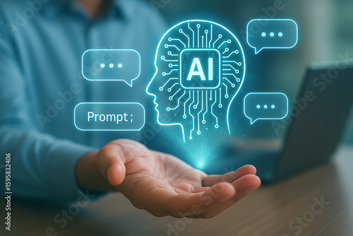 Open hand holding glowing ai brain with chatbot prompts and speech bubbles on futuristic tech screen representing artificial intelligence technology and prompt engineering interface