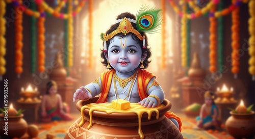 Realistic Baby Krishna in Butter Pot – Smiling Krishna Janmashtami Poster HD Image