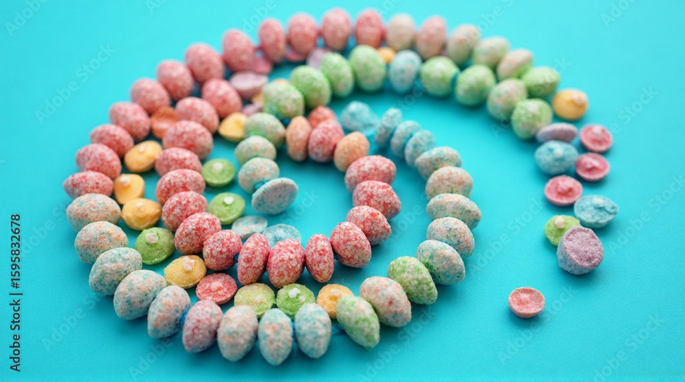 Obraz premium Vibrant pastel candies arranged in a spiral pattern on a bright turquoise background
