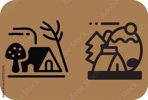 Two distinct flat design icons depicting outdoor adventure scenes one with a mushroom and tent under a windy sky the other with a volcano erupting near a campsite