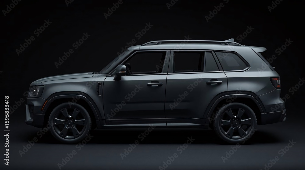 Fototapeta premium A sculptural clay model of a pure black SUV with deep shadows and textured modeled shapes, no logos or branding