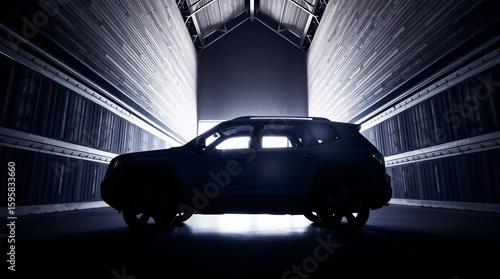 High-angle perspective, architectural color photograph of an SUV, no logo or brand, sharp lines, detailed structures, wide angles, silhouetted against a bright light source from behind