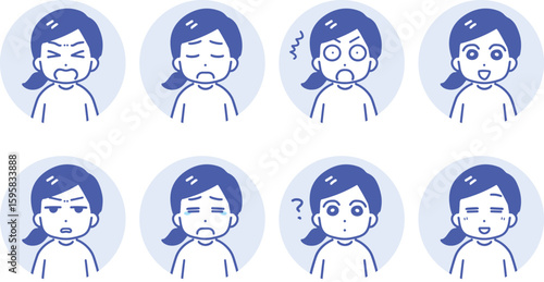 若い女性のいろんな表情の丸いアイコンのセット(線画・上半身)