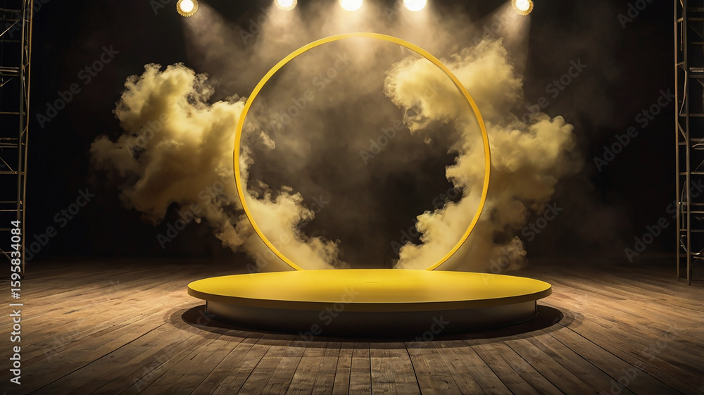 Obraz premium A yellow two level circular platform with a cloud or smoke effect that fills the background and the upper part of the stage. The composition creates a sense of presentation or show