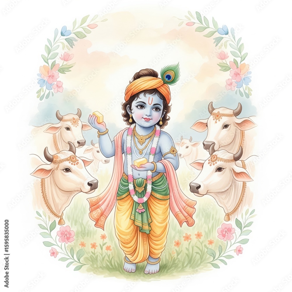 Fototapeta premium Watercolor Painting of Baby Krishna with Cows – Janmashtami Poster HD Image