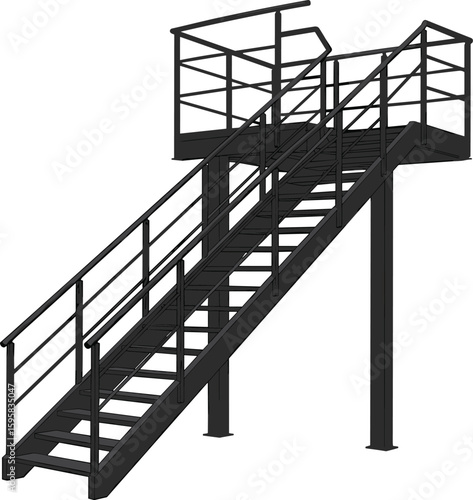 Industrial metal staircase platform with safety railings, steel stairs structure, elevated walkway, black construction stairs, 3D vector illustration isolated on white background