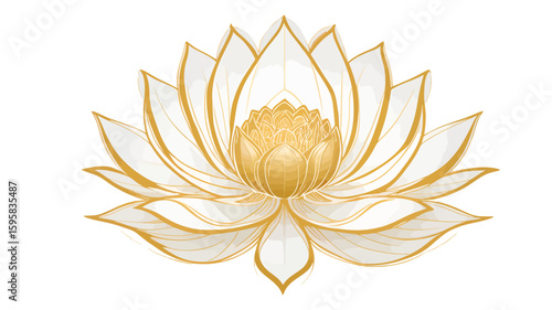 Elegant white and gold lotus flower with intricate petal details and a delicate glowing center, symbolizing purity and enlightenment
