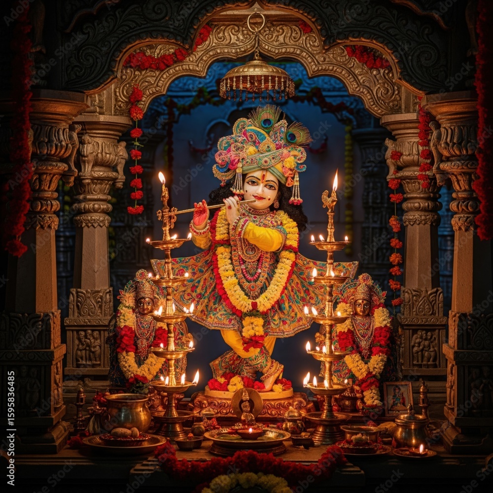Fototapeta premium Temple Scene of Decorated Krishna Idol with Diyas – Midnight Janmashtami Puja Photo