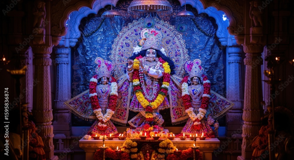 Fototapeta premium Temple Scene of Decorated Krishna Idol with Diyas – Midnight Janmashtami Puja Photo